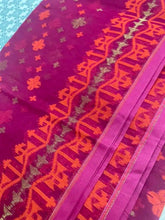 Bengal Jamdani Semi - Soft Cotton Saree in Magenta & Orange, Festive - Saree - Aakritee - S10669